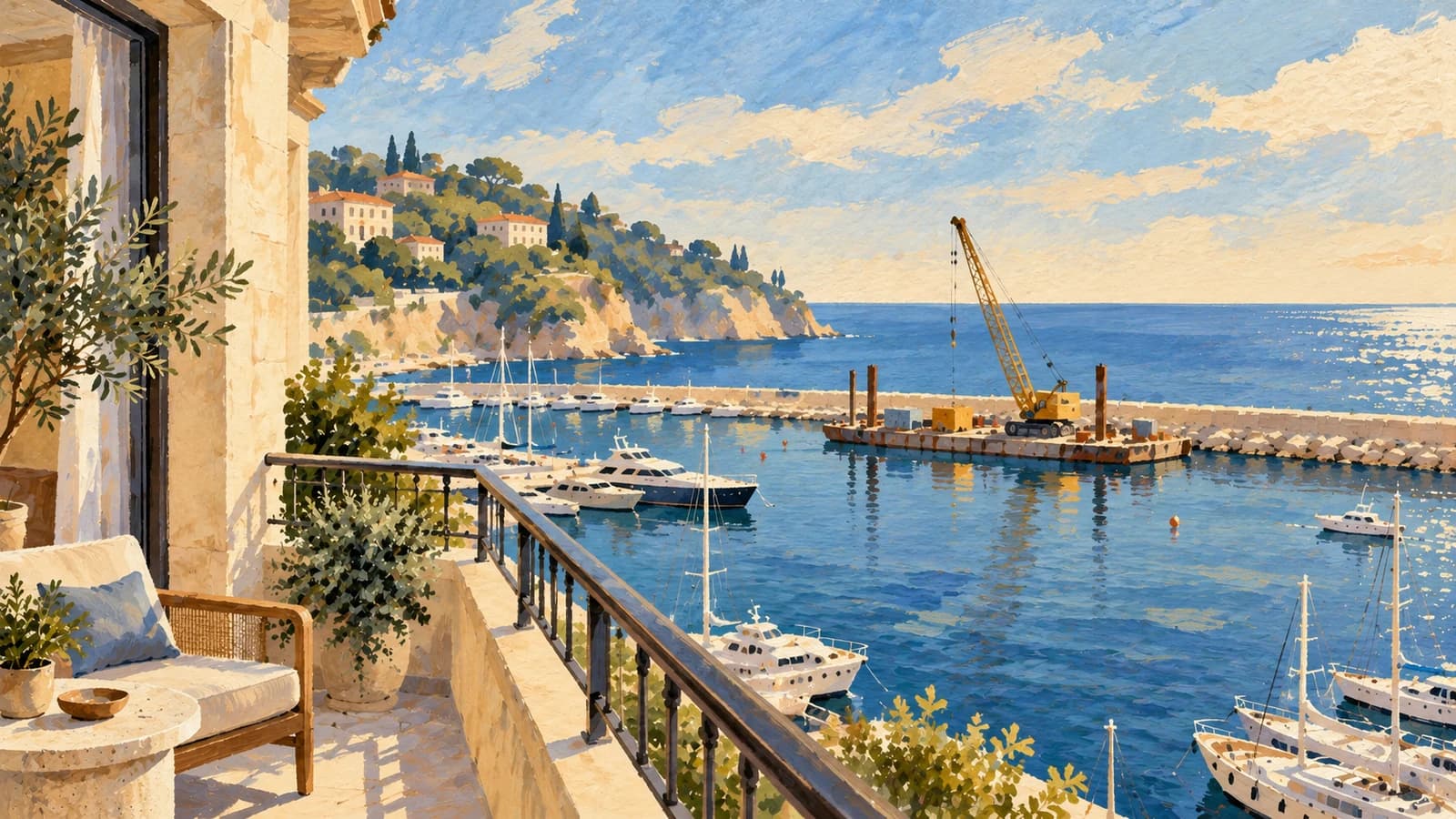 Thematic illustration: an apartment balcony overlooking a harbour with boats and a work barge