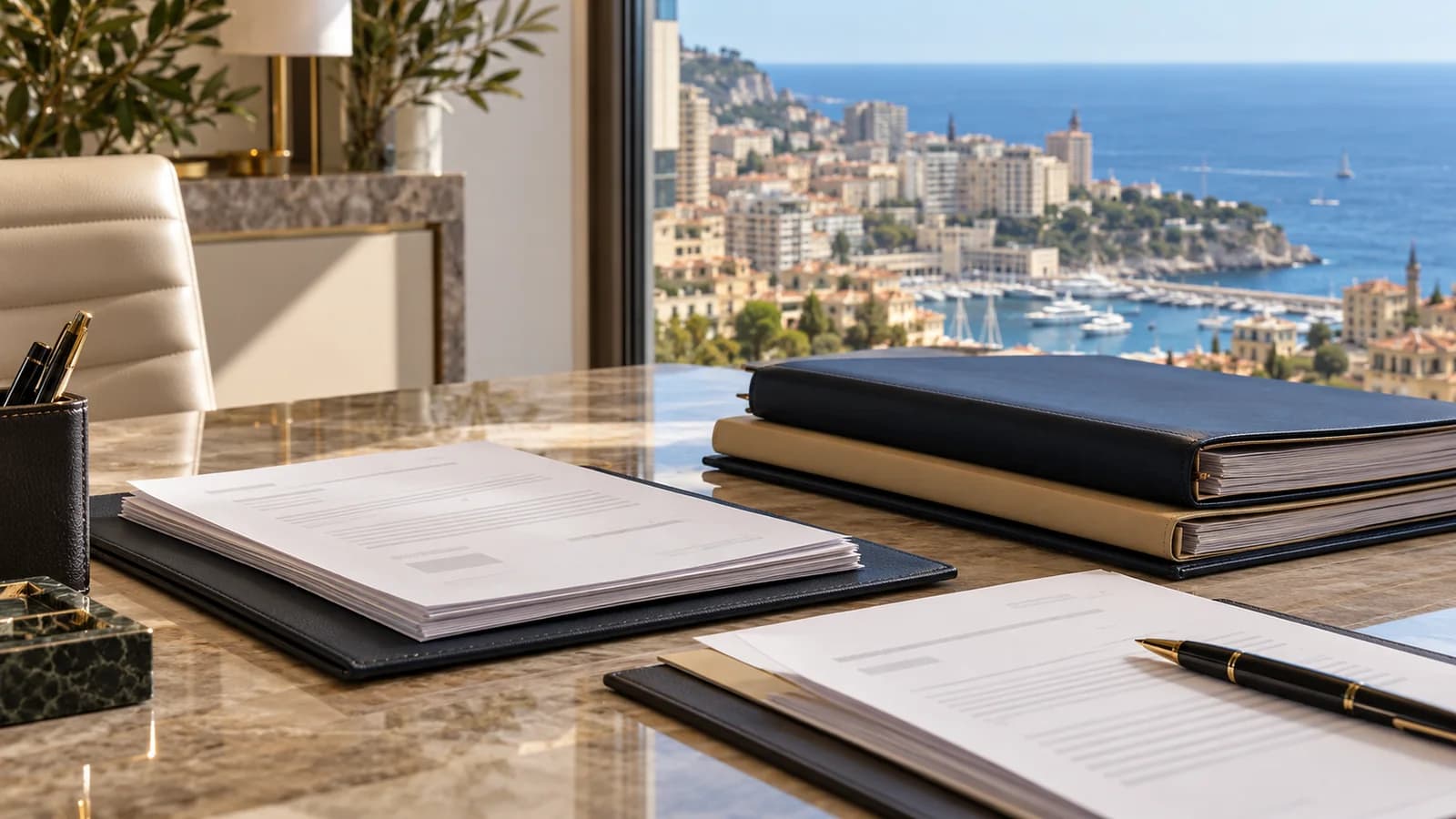 Documents d’une opération immobilière sur un bureau avec vue sur Monaco et la mer